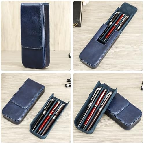 Top Grain Genuine Leather 3 Fountain Pen/Pencil Tray Case Holder, Solid Fashion Design, Handmade, Magnetic Closing with Drawer Design, Gift Choice for Man/Woman/Office, Glossy Blue, 3 Slots - Image 2