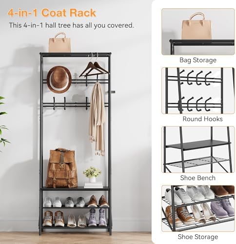 Jojoka 4-in-1 Entryway Coat Rack Hall Tree with Bench & Shoe Rack, Freestanding Storage for Hooks, 3-Tier Shoe Cabinet, Hanging Rod for Hallway, Front Door, Mudroom - Image 4
