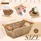 Marsui 6 Pcs Small Hand Woven Wicker Baskets with Wooden Handles, Seagrass Rattan Storage Baskets Bin Organizer Shelf Pantry for Bathroom Storage Towel Kitchen Washroom Gifts Decor, 9" x 6" x 4" - Image 2
