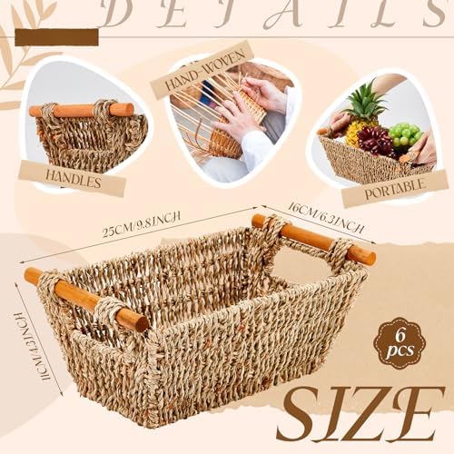 Marsui 6 Pcs Small Hand Woven Wicker Baskets with Wooden Handles, Seagrass Rattan Storage Baskets Bin Organizer Shelf Pantry for Bathroom Storage Towel Kitchen Washroom Gifts Decor, 9" x 6" x 4" - Image 2