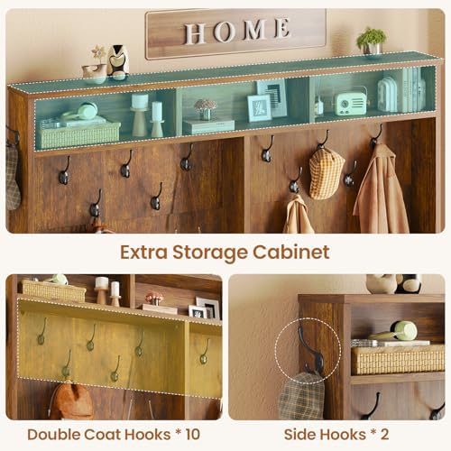 Itaar Hall Tree with Bench and Shoe Storage, 5-in-1 Entryway Bench with Coat Rack, 16 Shoe Cubbies & 12 Coat Hooks, Barn Door & Adjustable Shelf (Rustic Brown) - Image 4