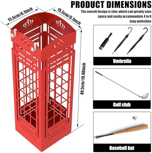 Square Metal Umbrella Holder, Square Free Standing Umbrella Rack Decorative Umbrella Holder Hollow Cutout Pattern Design for Umbrella Cane Entryway Home Office 19.49" X 6.1" X 6.1"(Red hollowed out) - Image 2
