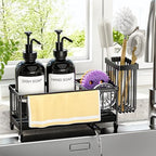 Kitchen Soap Dispenser Set with Sponge Holder and Towel Rack, 17OZ Glass Bottle, Hand and Dish Soap Dispenser Set, Non-Slip Silicone Pad, Brush Holder, Kitchen Sink Caddy Organizer Countertop (Black) by Unknown