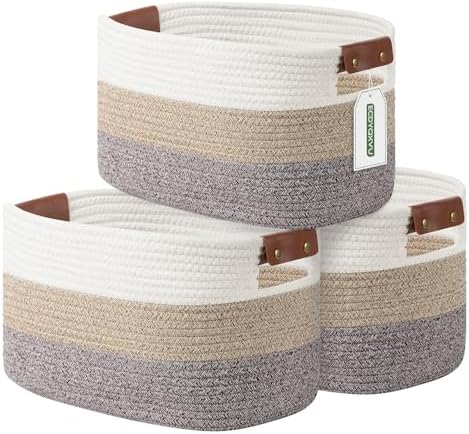 ECDYQXVU 15x10x9 Woven Cotton Rope Storage Basket, Leather Handles 3 Pack by ECDYQXVU