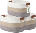 ECDYQXVU 15x10x9 Woven Cotton Rope Storage Basket, Leather Handles 3 Pack by ECDYQXVU