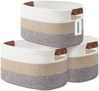 ECDYQXVU 15x10x9 Woven Cotton Rope Storage Basket, Leather Handles 3 Pack by ECDYQXVU