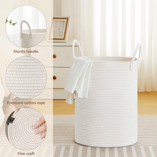 58L Tall Cotton Rope Laundry Basket with Handles, White - Image 3