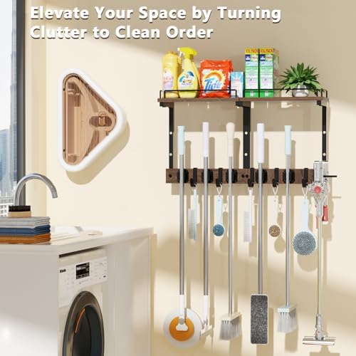 Broom and Mop Organizer Wall Hanging with Cleaning Supplies Organizer, Dark - Image 2