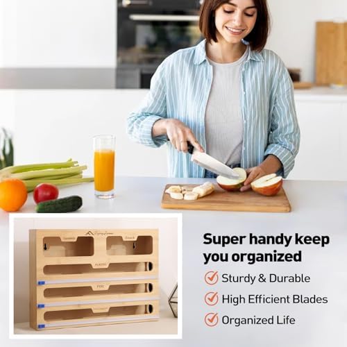 APSARAS USA 5 in 1 Bamboo Foil and Plastic Wrap Organizer for Kitchen Drawer, Ziplock Bag Organizer, Saran Wrap Dispenser with Cutter, Plastic Bag Organizer, Food Storage Bag Organization - Image 7