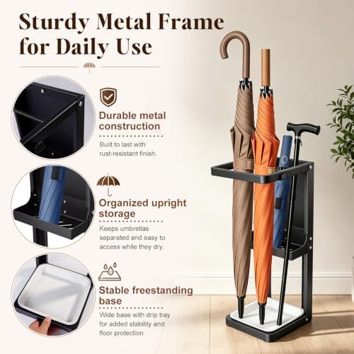 Umbrella Stand for Entryway, Sturdy Metal Umbrella Holder Indoor with Removable Drip Tray, Small Umbrella Rack for Long and Compact Umbrellas, Black Umbrella Storage Stand for Home Office - Image 3