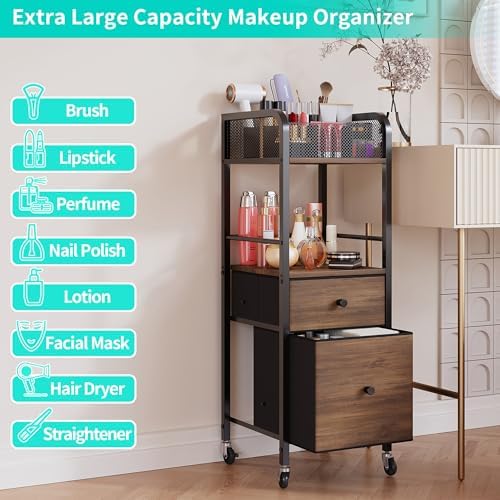HapiRm Rolling Makeup Cart Organizer - Floor Skincare Make Up Storage with 2 Non-woven Fabric Drawers, Vanity Organizer Cosmetic Display Cases Holder for Skin Care Perfume Nail Polish Brush Hair Tool - Image 4
