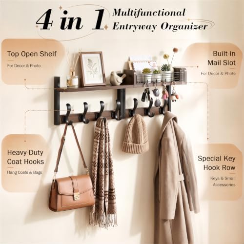 Delamu 29" Large Coat Rack Wall Mount with Shelf, 4 in 1 Shelf with 11 Hooks, Wooden Key and Mail Holder for Wall for Entryway, Living Room and Bedroom, Brown - Image 3
