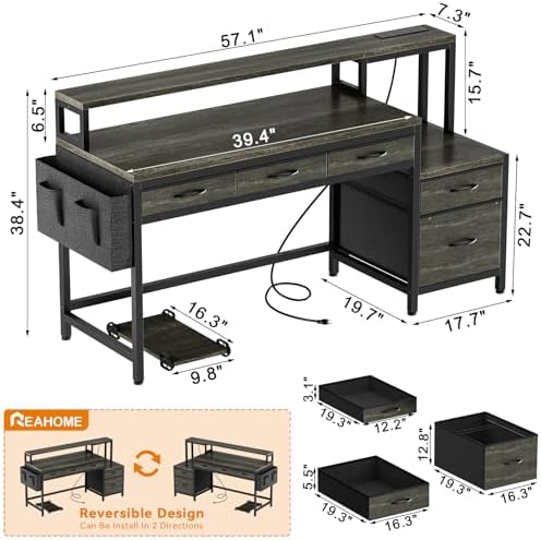 REAHOME 61 Inch 5 Drawers Grey Oak Reversible Gaming Desk - Image 3