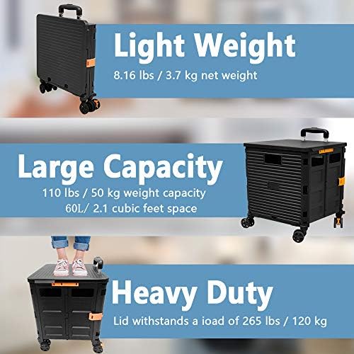 FELICON SELORSS Foldable Utility Cart Folding Portable Rolling Crate-Black - Image 3