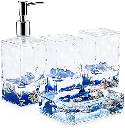 Locco Decor 4 Piece Acrylic Liquid 3D Floating Motion Bathroom Vanity Accessory Set Oceam Theme Shell Toothbrush Holder, Tumbler, Soap Dispenser, Soap Dish by LoccoDecor