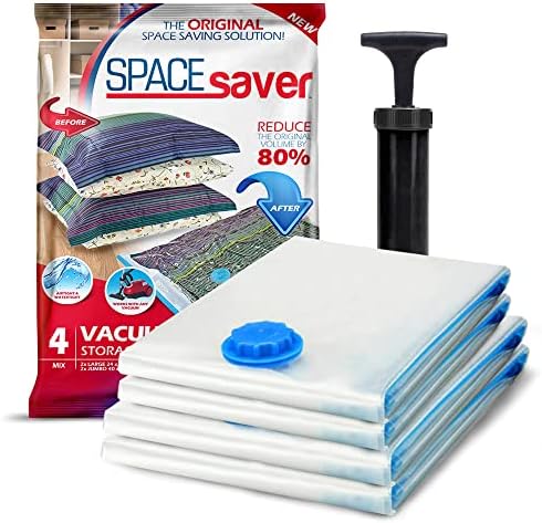 4 Pack Variety Vacuum Storage Bags for Comforters, Blankets & Clothes – Vacuum Sealed Compression Bags with Hand Pump – Space Saver Storage Bags for Bedding, Moving, Travel & Organization (2L & 2XL) by Spacesaver