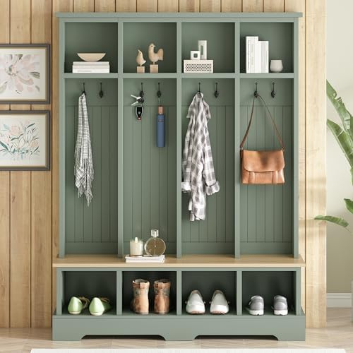 Merax Farmhouse Hall Tree with Bench and Shoe Storage, 59" Entryway Bench with Coat Rack, 3-in-1 Hall Tree with Top Compartments and 8 Hooks for Hallway, Living Room, Green - Image 3