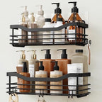 Orimade Shower Caddy Basket Shelf Storage Rack, No Drilling Wall Mounted Adhesive Rust Resistant Stainless Steel Shower Organizer with 5 Hooks for Bathroom, Black 2 Pack by Orimade