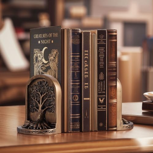 Vintage Bronze Finish Tree of Life Bookends Set, 2 Non-Skid Heavy Bookends for Shelves or Bookcase, Decorative Bookends for Desktop Shelf Decor, Library Office Decor, Home Décor Gift - Image 3