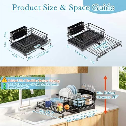 2 Tier Dish Drying Rack, Large Extendable Dish Racks for Kitchen Counter , Dishrack with Drainboard, 2-in-1 Anti-Rust Stainless Steel Dish Drainer with Utensil Holder (Black, double of Dish Rack) - Image 2
