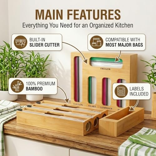 9 in 1 Storage Bag Organizer for Kitchen Drawer,Bamboo Foil and Plastic Wrap Dispenser with Cutter, Organizers Compatible Gallon, Quart, Sandwich Snack - Image 3