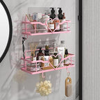 Pink Shower Caddy with 4 Removable Hooks, 2 Pack Sweet Heart Shower Shelves,No Drilling Adhesive Organizer Shelf for Bathroom Shower,Kitchen,Bedroom - Image 2