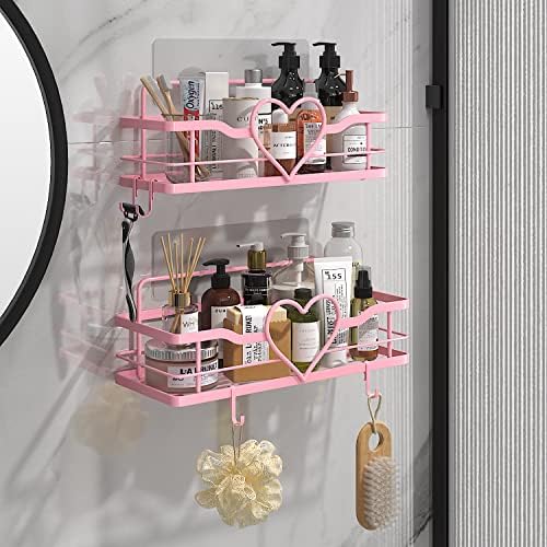 Pink Shower Caddy with 4 Removable Hooks, 2 Pack Sweet Heart Shower Shelves,No Drilling Adhesive Organizer Shelf for Bathroom Shower,Kitchen,Bedroom - Image 2