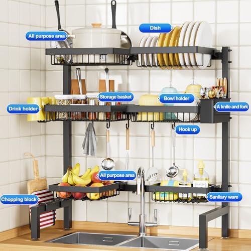 SNSLXH 3 Tiers 6 Baskets Dish Drying Rack, 24.8"-35.4",Over Sink Dish Drying Rack, 3-Tier Large Sink Rack for Kitchen, Extensible and Adjustable, Saving Kitchen Space - Image 3