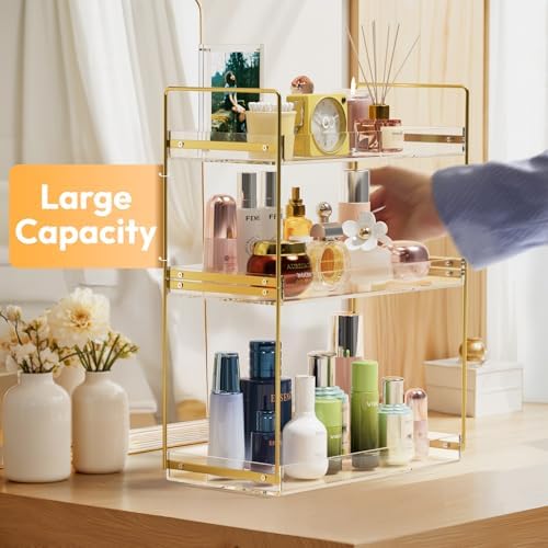Bathroom Countertop Organizer, 3 Tier Acrylic Tray Vanity Counter Skincare Organizer Shelf, Kitchen Under Sink Standing Rack, Home Storage Holder for Lotion Makeup Cosmetics Perfume Spice, Gold - Image 5