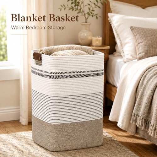 Laundry Hamper, Cotton Rope Laundry Basket with Leather Handles, 21.1-Gallon/80 L Large Clothes Hampers for Laundry, Woven Laundry Baskets for Blankets, Clothing, Bedroom, Living Room, Nursery - Image 4