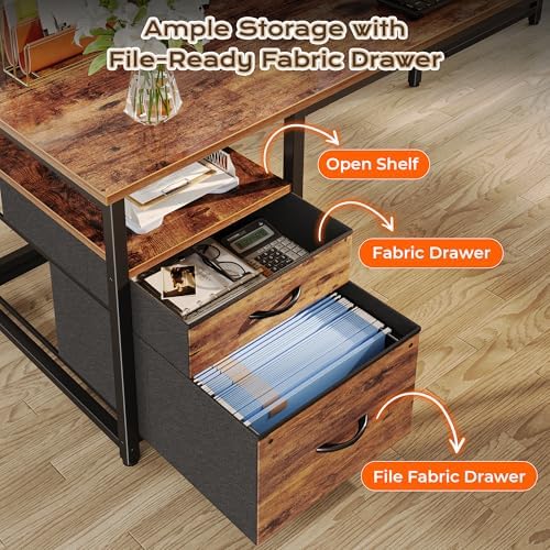 PRAISUN 63 Inch L Shaped Desk with Power Outlets and USB-C Port, Computer Corner Home Office Desk with File Fabric Drawers and Movable Monitor Stand, Larger Storage, Gaming, Writing, Rustic Brown - Image 5