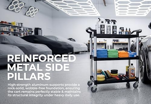 Commercial 3-Shelf Rolling Service Utility Cart | Capacity 390 lbs. | 37" x 34" x 16" | Black - Image 6
