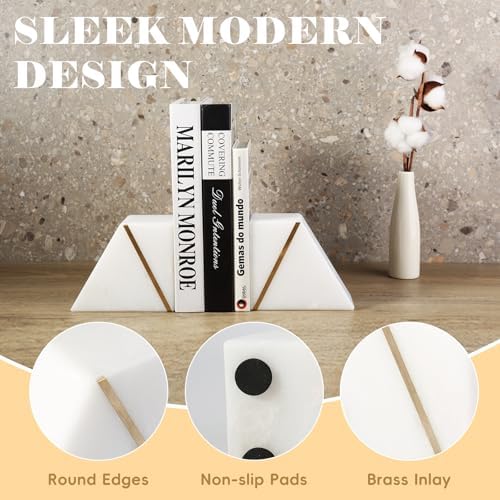 Natural Marble Bookends for Shelves, Decorative Book Ends for Heavy Books, Heavy Duty Mid Century Modern White and Gold Stone Book Holders with Brass Inlay, Unique Bookshelf Stopper Decor, Set of 2 - Image 4