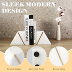 Natural Marble Bookends for Shelves, Decorative Book Ends for Heavy Books, Heavy Duty Mid Century Modern White and Gold Stone Book Holders with Brass Inlay, Unique Bookshelf Stopper Decor, Set of 2 - Image 4