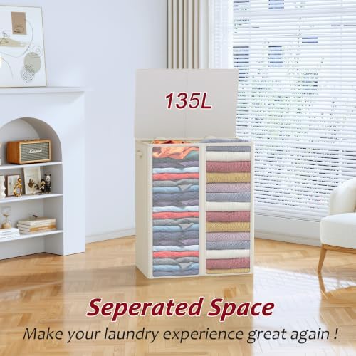 135L Laundry Hamper 2 Section, Large Laundry Hamper with Lid, Dirty Clothes Hamper with 2 Removable Inner Bags, Collapsible Laundry Basket Organizer for for Clothes Toys Towels, Hamper 2 Compartment - Image 4