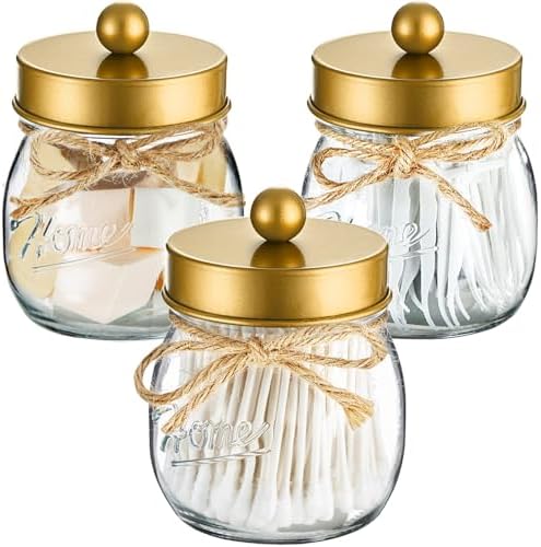 SheeChung 3Pcs Glass Apothecary Jars with Acrylic Vanity Tray & 3 Pack Mason Jar Qtip Holder for Cotton Swabs, Balls, Floss Pick, Bathroom Accessories Set - Image 4