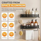 Black Adhesive Square Shower Caddy with Towel Bar, Soap Holder and Hooks - Image 3