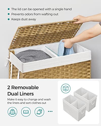SONGMICS Laundry Hamper with Lid, 130L Double Wicker Basket, 6 Mesh Bags - Image 3