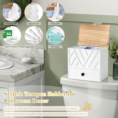 Tampon Holder for Bathroom Decor, Feminine Product Organizer with Lid and Drawer, Shark Week Tampon Storage, Wood Pad and Tampon Organizer for Toilet Organizer, Bathroom Accessories Box for Girl Stuff - Image 2