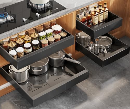 Seinloes 4 Pack Expandable Pull Out Cabinet Organizer 21"Deep With Raising Pad for Framed Cabinets,Upgrade 3 Slide Rails Slide Out Drawers,No Drill Roll Out Shelves,Adjustable Width 12.1"-20.4" Black by Seinloes