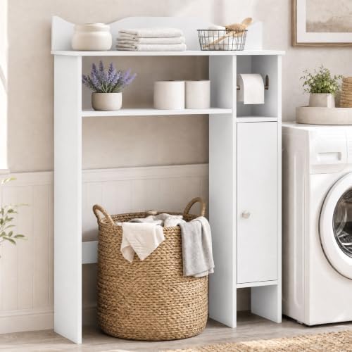 GIANTEX Over-The-Toilet Storage Cabinet, Bathroom Freestanding Space Saver with 1-Door Side Storage Cabinet & Paper Holder, Toilet Rack Organizer Stand for Bathroom Laundry (White) - Image 4