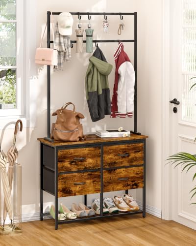 ThreeHio Hall Tree with Shoe Storage Bench, 31.5" Coat Rack for Entryway, 5-in-1 Entryway Organizer with Drawers and Storage Shelf, Steel Frame, with 8 Removable Hooks, Rustic Brown and Black - Image 3