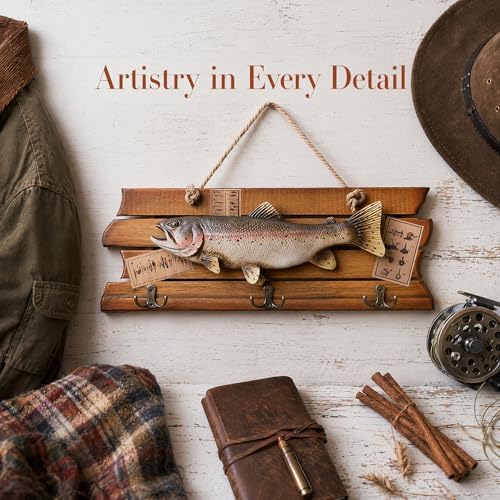 huulmood Mounted Fish Wall Plaque with 3 Hooks, Wooden fish Key Holder - Image 4