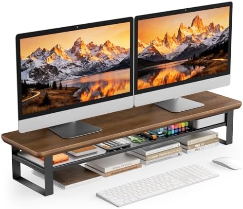 Dual Monitor Stand, 35.4 Inch Monitor Stand Riser for 2 Monitors, 2 Tiers Wood Desk Shelf with Storage, Desktop Organizer Stand for Computer, Laptop, Printer, TV by NestNeatHome