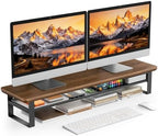 Dual Monitor Stand, 35.4 Inch Monitor Stand Riser for 2 Monitors, 2 Tiers Wood Desk Shelf with Storage, Desktop Organizer Stand for Computer, Laptop, Printer, TV by NestNeatHome