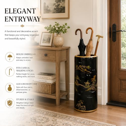 Ceramic Umbrella Stand for Entryway, Decorative Indoor Umbrella Holder with Gold Rim, Floor Vase Cane & Walking Stick Holder for Foyer Hallway Home Decor (Black Landscape) - Image 3