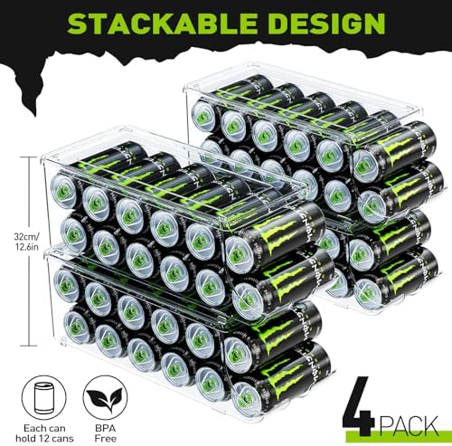 SCAVATA 4 Pack Tall Skinny Can Organizer for Refrigerator, Stackable Large Soda Cans of 16oz & 17oz Beverage Energy Drink Container Holder Dispenser with Lid for Fridge, Clear Storage Plastic Bins - Image 2