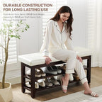 40" Shoe Bench with Leather Cushion, Upholstered Entryway Bench, Ivory - Image 3
