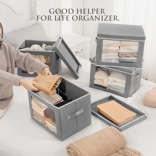 Homsorout Stackable Storage Bins with Lids - Large Decorative Basket with Lids, Fabric Foldable Closet Organizer Bins, Shelf Organizer for Living Room, Dorm, 5 Pack, Grey - Image 2