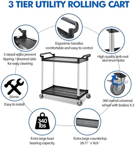 Large Utility Rolling Cart with Wheels,Plastic Utility Cart with 2 Lockable Wheels, Heavy Duty Restaurant Cart,Food Service Cart for Kitchen/Groceies/Warehouse.(2 Tier,34×17×37in / 340lbs) - Image 2